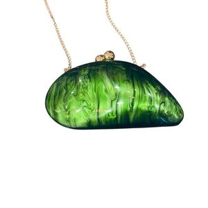 NWOT Ramla Moroccan Emerald Green Crescent Clutch with Gold Chain